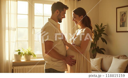 Family Bliss, Smiling Pregnant Father and mother Exemplifying the Beauty of Human Relationships 118815159
