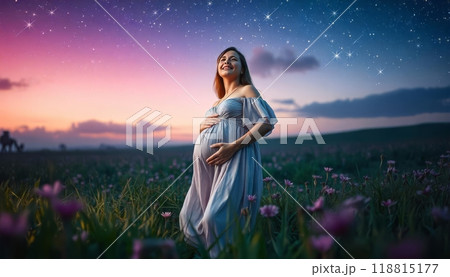 happy pregnant woman holding her belly, beautiful magical background, shooting stars happy pregnant woman holding her belly, beautiful magical background, shooting stars 118815177