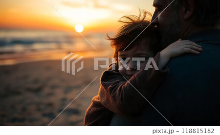 Beach, sunset and father kissing his child on a family vacation, holiday or travel adventure. Love, care and mom holding, hugging and bonding with the kid by the ocean on weekend trip 118815182