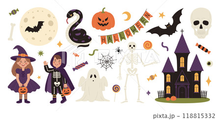 Halloween elements set with kids in costumes, scary castle, ghost, skeleton, skull, bat, snake, pumpkin, moon and sweets. Happy Halloween stickers. Cute holiday collection. Vector illustration 118815332