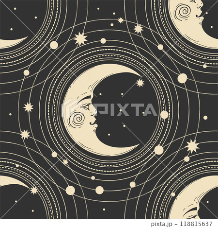 Seamless pattern with golden crescent moon with face on black background, galaxy with stars. Mystical ornament in old vintage style. Vector illustration. 118815637