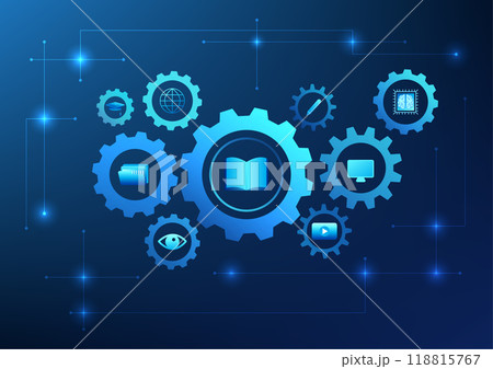 Educational Technology, a gear consisting of educational icons such as books, tablets, and pens, conveys innovative learning and progress in the digital age. 118815767