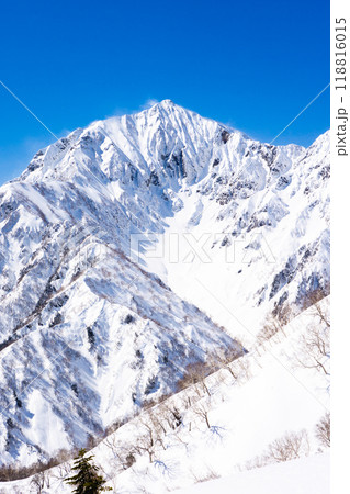 長野県白馬村　北アルプスの小遠見山　雪山登山　小遠見山の山頂から見る鹿島槍ヶ岳とカクネ里氷河 118816015
