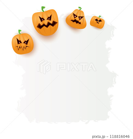 Halloween web white grunge cartoon Banner or poster with Halloween scary pumpkins isolated on transparent background . Funky kids Halloween png banner with space for greeting text or sale 118816046