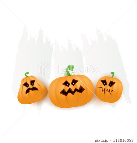 Halloween web white grunge cartoon Banner or poster with Halloween scary pumpkins isolated on transparent background . Funky kids Halloween png banner with space for greeting text or sale 118816055