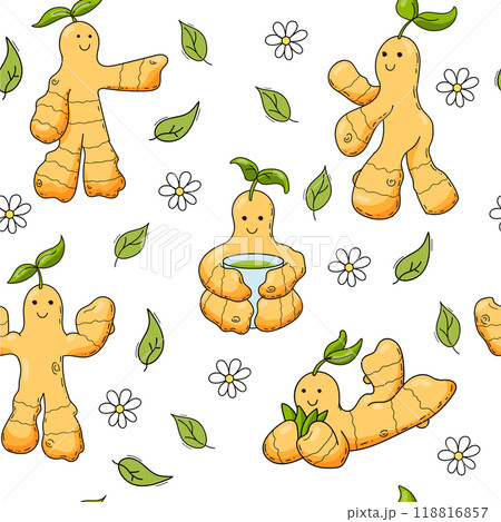 Funny ginger roots. Cute vector characters. Seamless pattern. Funny ginger roots. Cute vector characters. Seamless pattern. 118816857
