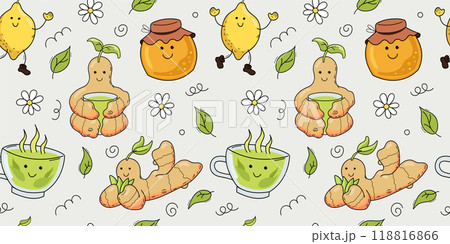 Seamless vector pattern. Green tea, lemon, honey and ginger. Cute cartoon illustrations. Seamless vector pattern. Green tea, lemon, honey and ginger. Cute cartoon illustrations. 118816866
