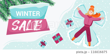 Winter Sale vector banner template. woman in winter clothes makes snow angel. Gift boxes on the snow. 118816875