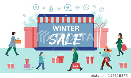 Winter sale. Happy people with shopping. Laptop - online store. Christmas, gifts, discounts. Vector illustration in cartoon style. Winter sale. Happy people with shopping. Laptop - online store. Christmas, gifts, discounts. Vector illustration in cartoon style. 118816876