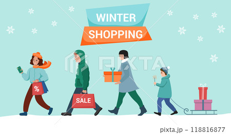 Winter shopping. Christmas sale. Happy people with packages and gifts rush to the store. Vector template for banner, leaflet, poster. Winter shopping. Christmas sale. Happy people with packages and gifts rush to the store. Vector template for banner, leaflet, poster. 118816877
