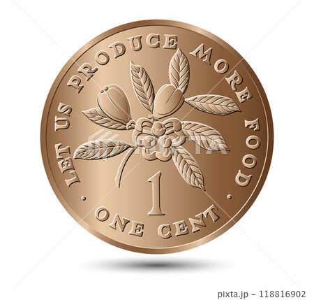 1 cent 1971 to 1974 reverse, Jamaica. Ackee fruit above value, legend around. The ackee fruit is depicted at the top center of the coin. Vector illustration. 1 cent 1971 to 1974 reverse, Jamaica. Ackee fruit above value, legend around. The ackee fruit is depicted at the top center of the coin. Vector illustration. 118816902