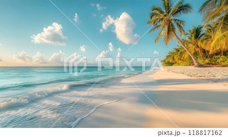 A clean white sandy beach stretches under a vast blue sky, with clear turquoise waters sparkling in the warm sunlight. Soft, foamy waves gently lap the shore perfect for eco-tourism posters or media. 118817162