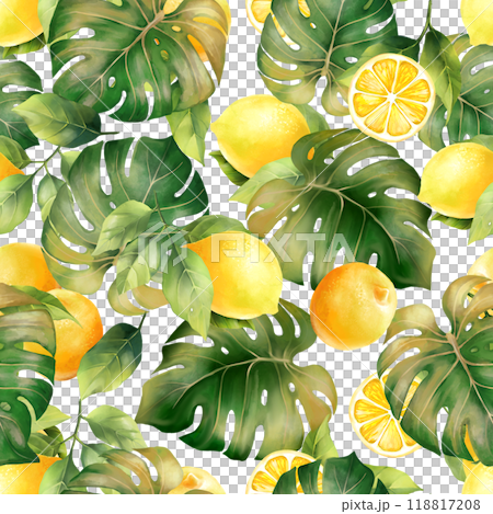 Watercolor lemon tropical pattern with monstera leaves. Tropical pattern for textiles, fabrics, prints, clothing, wallpaper 118817208