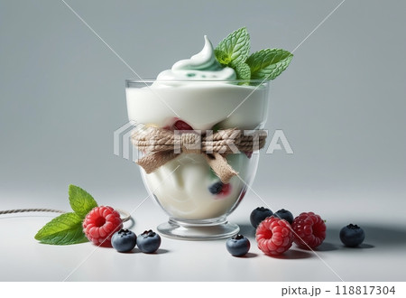 natural organic yogurt in a glass jar with berries, organic natural product natural organic yogurt in a glass jar with berries, organic natural product 118817304