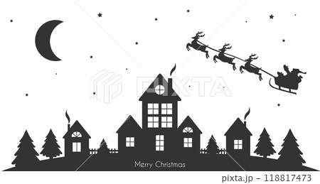 Christmas background with winter village, Santa in a reindeer sleigh in the sky. Black drawings on a white background. Merry Christmas and Happy New Year. Vector Christmas background with winter village, Santa in a reindeer sleigh in the sky. Black drawings on a white background. Merry Christmas and Happy New Year. Vector 118817473