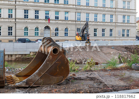 Excavator bucket on the bank of the river Svratka, Brno, Czech republic, floods after storm Boris, September 15, 2024. Excavator bucket on the bank of the river Svratka, Brno, Czech republic, floods after storm Boris, September 15, 2024. 118817662