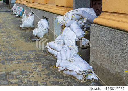Sand bags in front of the door in the house on riverbank of Svratka, Brno, Czech republic, floods after storm Boris, September 15, 2024. Sand bags in front of the door in the house on riverbank of Svratka, Brno, Czech republic, floods after storm Boris, September 15, 2024. 118817681