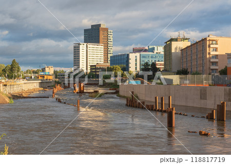 Flood wall in river basin of Svratka, Brno, Czech republic, floods after storm Boris, September 15, 2024. Flood wall in river basin of Svratka, Brno, Czech republic, floods after storm Boris, September 15, 2024. 118817719