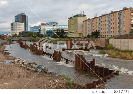 Flood wall in river basin of Svratka, Brno, Czech republic, floods after storm Boris, September 15, 2024. Flood wall in river basin of Svratka, Brno, Czech republic, floods after storm Boris, September 15, 2024. 118817721