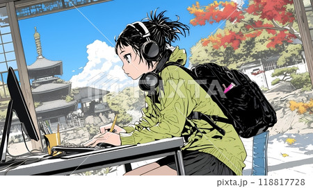 美しい紅葉の中でもPCを手放せない若い女性