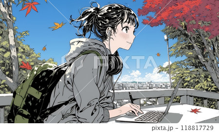 美しい紅葉の中でもPCを手放せない若い女性