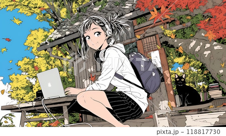 美しい紅葉の中でもPCを手放せない若い女性