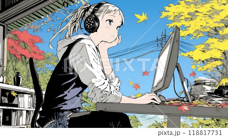 美しい紅葉の中でもPCを手放せない若い女性