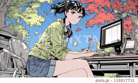 美しい紅葉の中でもPCを手放せない若い女性