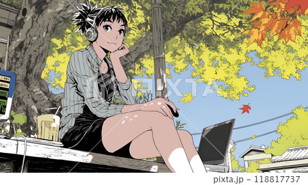 美しい紅葉の中でもPCを手放せない若い女性