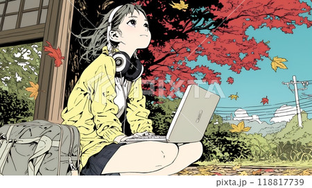 美しい紅葉の中でもPCを手放せない若い女性