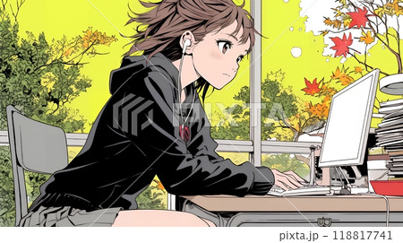美しい紅葉の中でもPCを手放せない若い女性