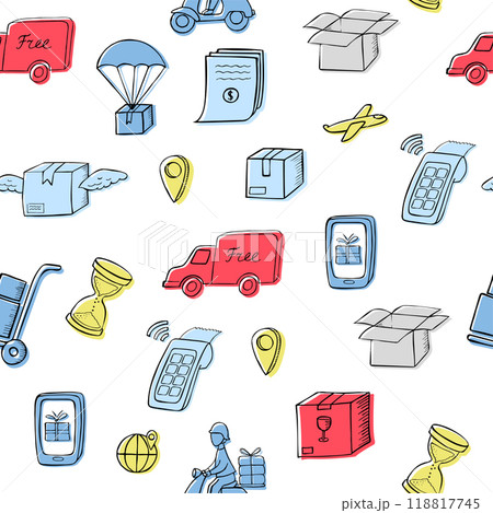 Seamless colorful pattern of delivery icons on a white background in doodle style. 118817745
