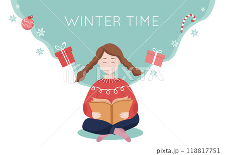 Cozy winter book reading. A girl with a book in a sweater. Colorful vector illustration in cartoon style on a white background. 118817751