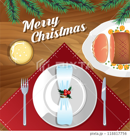 Festive dinner, Christmas table setting. Napkin on a plate. Vector illustration. Template for a New Year's card, banner, advertisement. Festive dinner, Christmas table setting. Napkin on a plate. Vector illustration. Template for a New Year's card, banner, advertisement. 118817756