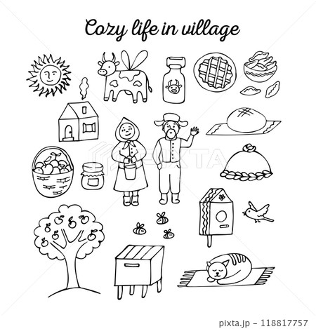 Set of Doodle elements of life on the farm and in the village. Contains images of a house, an Apple tree , an apiary, fresh bread, and a basket of apples. Vector. 118817757