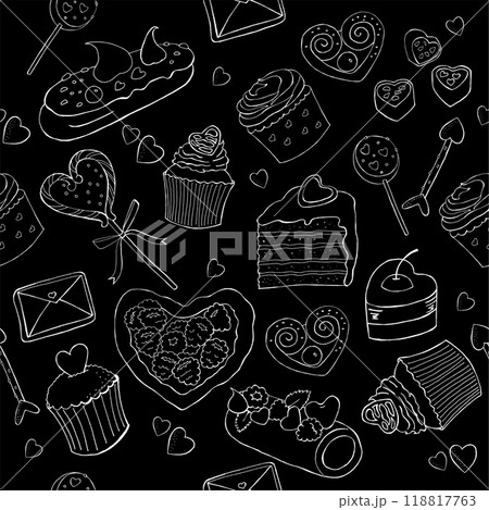 Seamless pattern with pastry sketch. St. Valentine's Day print on black background. Outline vector Valentine's Day design for textile, wrapping paper, wallpaper. 118817763