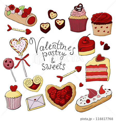 St. Valentines sweets and pastry color set. Vector illustration St. Valentines sweets and pastry color set. Vector illustration 118817768