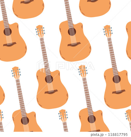 Acoustic guitar seamless pattern. Musical instrument background for printing on fabric, packaging, paper. Acoustic guitar seamless pattern. Musical instrument background for printing on fabric, packaging, paper. 118817795