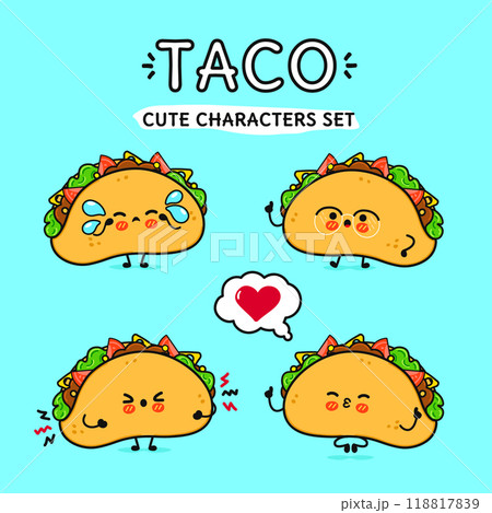 Funny cute happy Taco characters bundle set. Vector hand drawn doodle style cartoon character illustration. Isolated on blue background. Taco mascot character collection Funny cute happy Taco characters bundle set. Vector hand drawn doodle style cartoon character illustration. Isolated on blue background. Taco mascot character collection 118817839