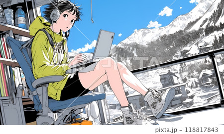 スキーリゾートに来ているのにPCを手放せない若い女性