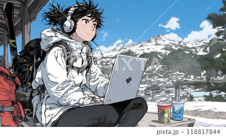 スキーリゾートに来ているのにPCを手放せない若い女性