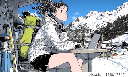スキーリゾートに来ているのにPCを手放せない若い女性