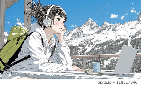 スキーリゾートに来ているのにPCを手放せない若い女性