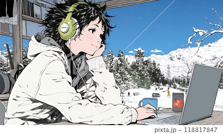 スキーリゾートに来ているのにPCを手放せない若い女性
