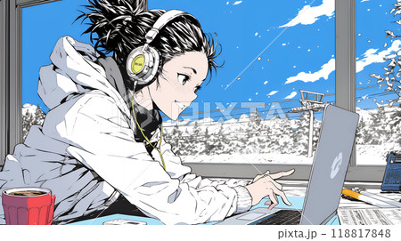 スキーリゾートに来ているのにPCを手放せない若い女性
