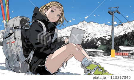 スキーリゾートに来ているのにPCを手放せない若い女性