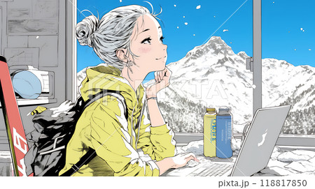 スキーリゾートに来ているのにPCを手放せない若い女性