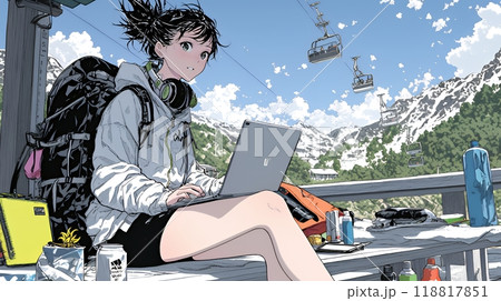 スキーリゾートに来ているのにPCを手放せない若い女性