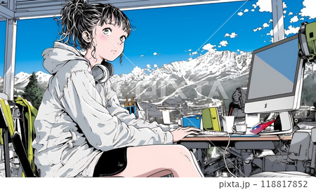 スキーリゾートに来ているのにPCを手放せない若い女性