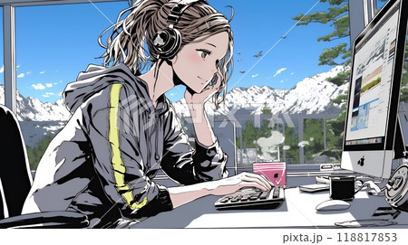 スキーリゾートに来ているのにPCを手放せない若い女性